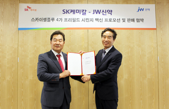 전광현 SK케미칼 마케팅부문장(왼쪽)과 백승호 JW신약 부사장이 SK케미칼 판교 본사에서 스카이셀플루4가 공동판매 협약을 체결하고 있다.(사진 JW신약 제공)